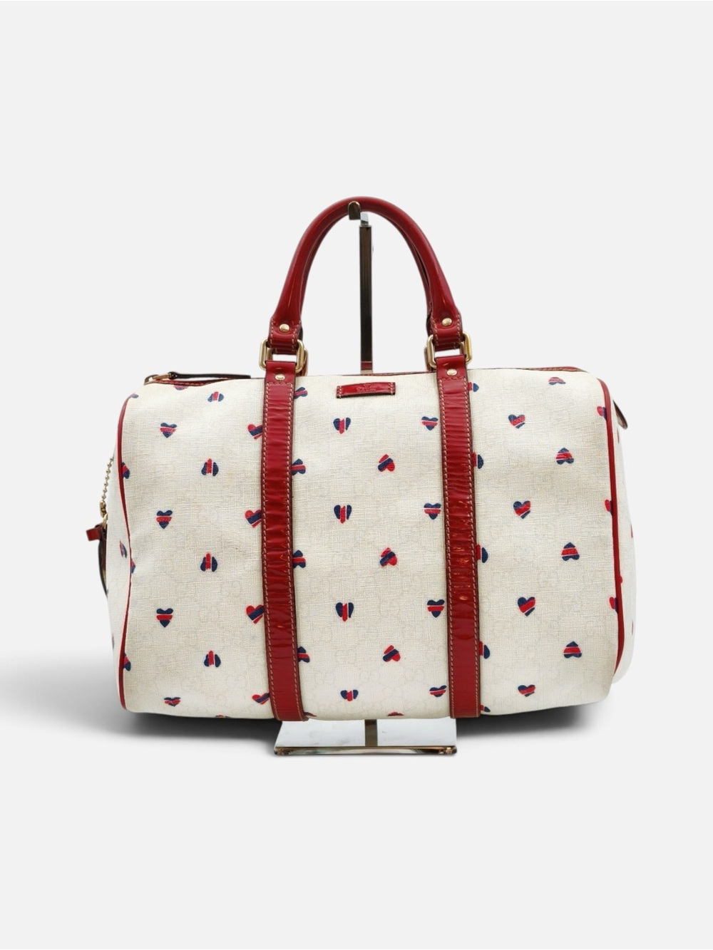 Gucci Hearts Canvas Top Handle Boston Bag Ivory Red Leather